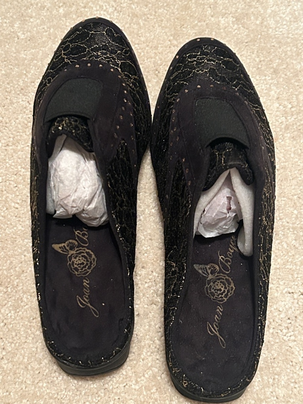 Joan Boyce Black Slip-On Lace Mules with Gold Threading